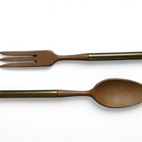 Vintage Mcm Nasco Japanese Brown and gold wooden / metal salad fork & spoon set - Picture 7 of 7
